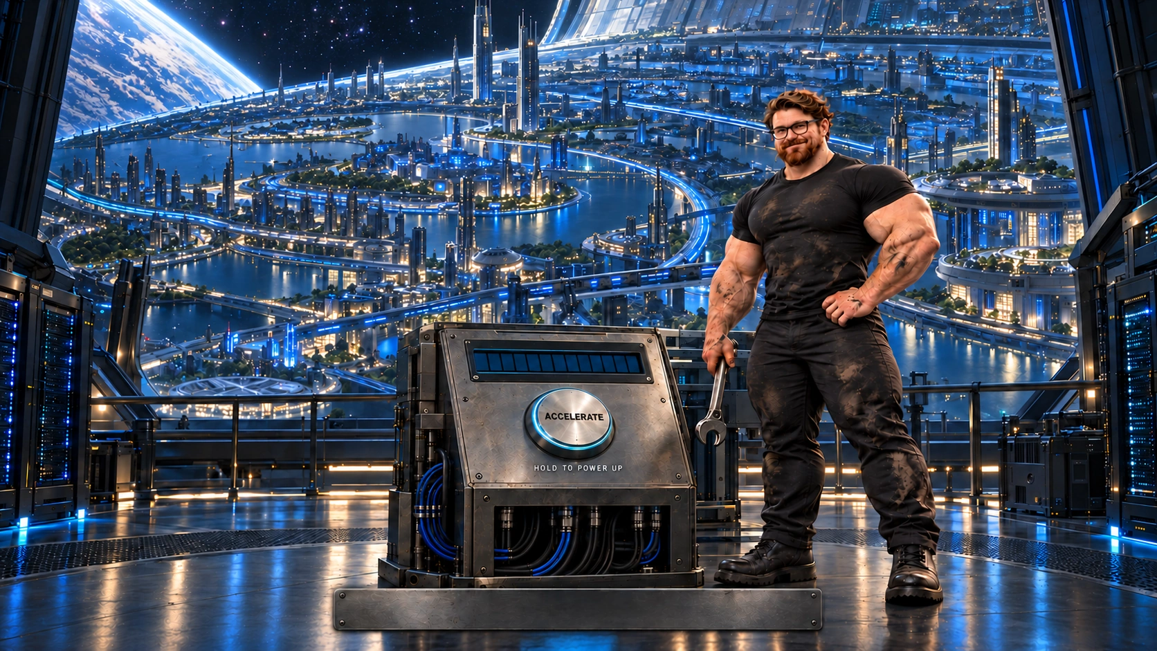 Buff Jezos, an enormous mechanic holding a wrench beside a steel power console, with an orbital city beyond a panoramic window